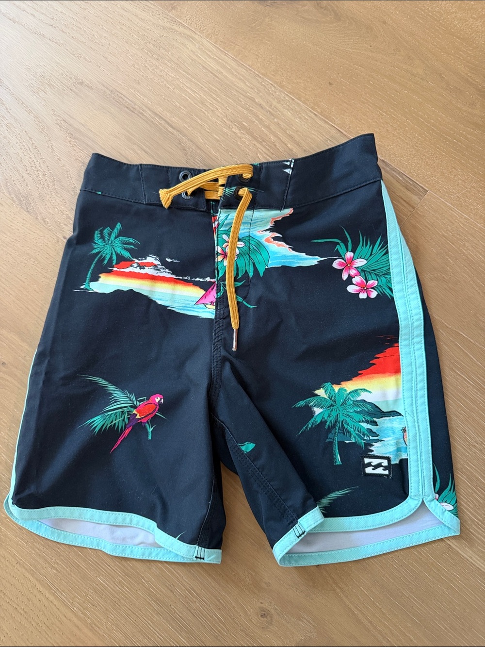 Billabong Black Tropical Kids Boardshorts with Teal Trim and Yellow Drawstring